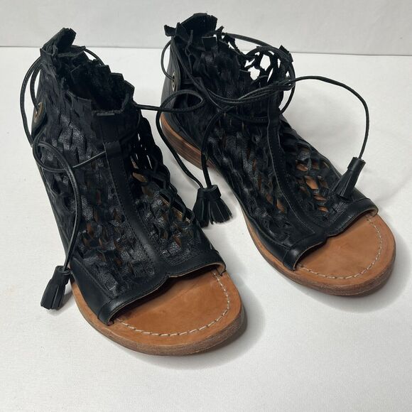 John Fluevog River Acre Black Leather Cut-Out Sandals DISCONTINUED - Picture 1 of 11